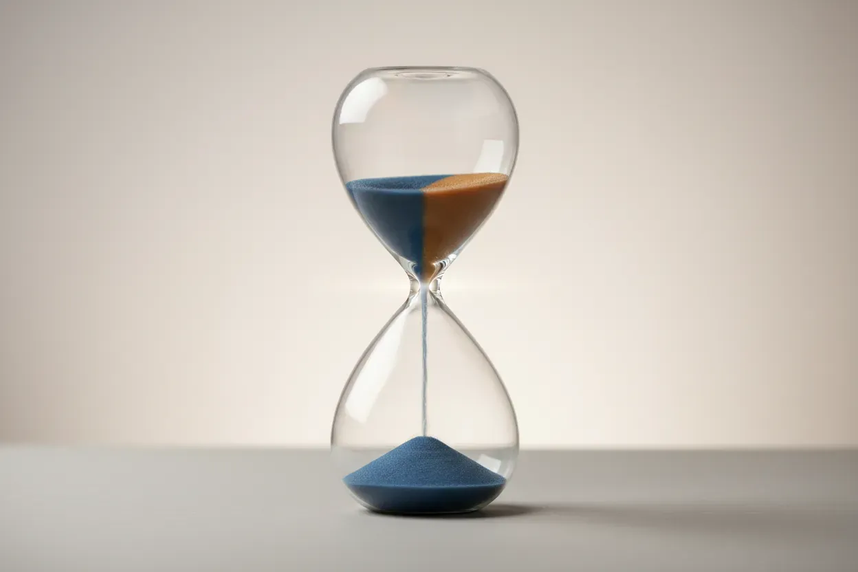 Glass hourglass on neutral background with three colored sand streams merging into a single pile.
