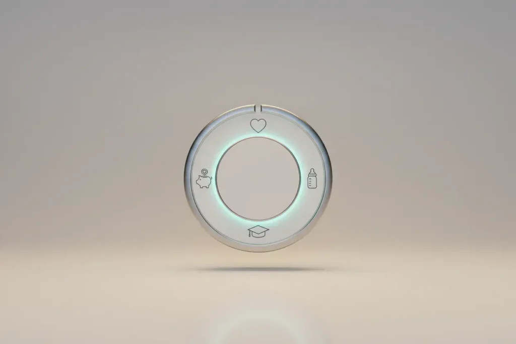 Central dial with a glowing segment and four small icons: heart, baby bottle, graduation cap, piggy bank, on a soft neutral background.