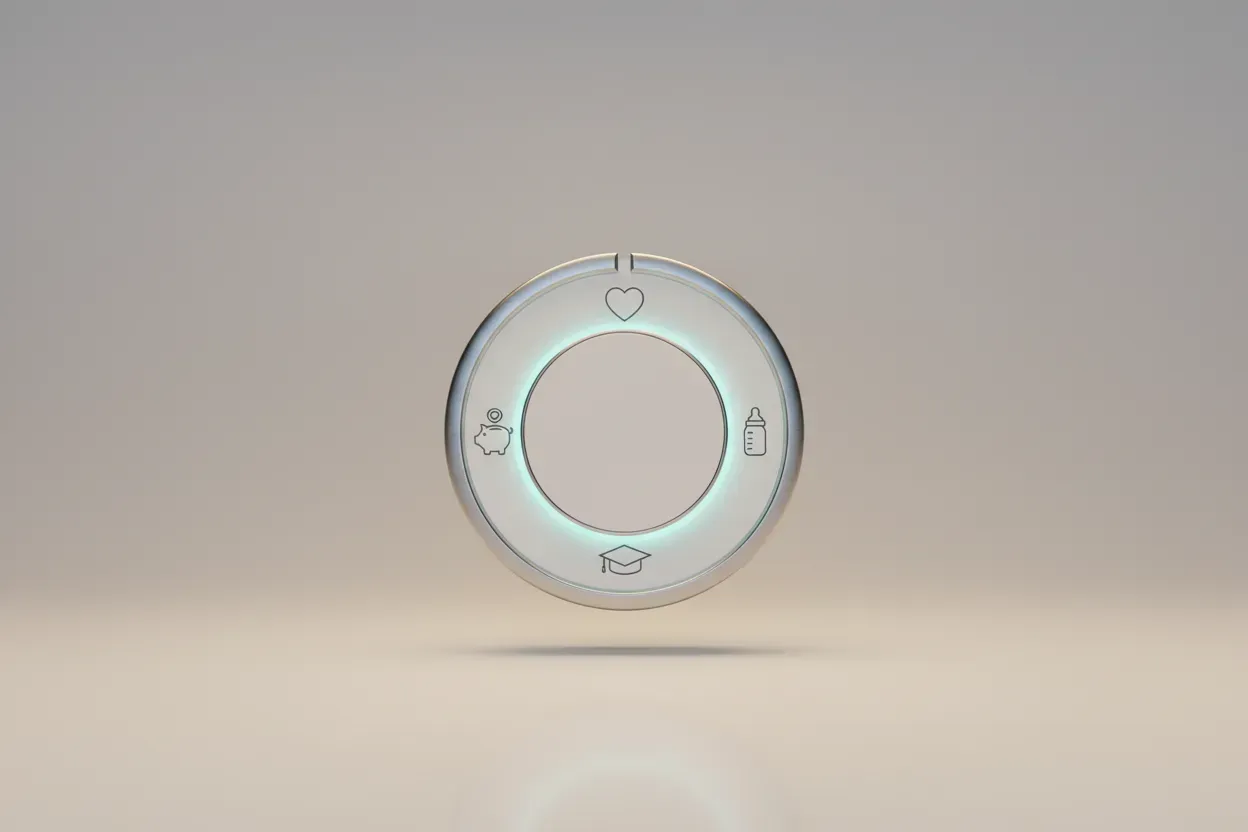 Central dial with a glowing segment and four small icons: heart, baby bottle, graduation cap, piggy bank, on a soft neutral background.