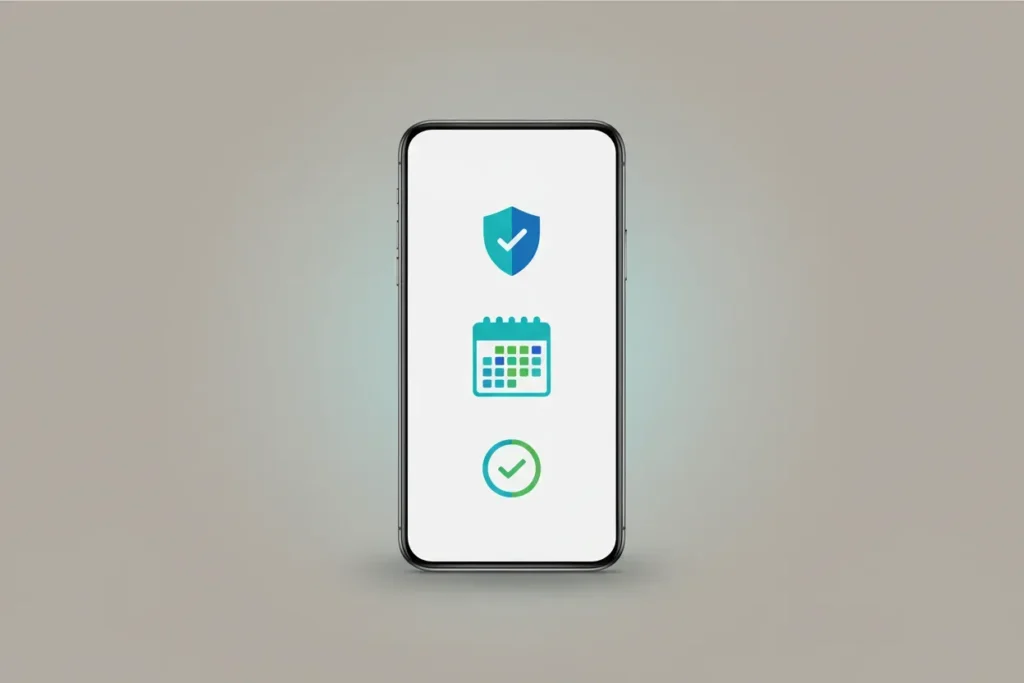 Smartphone showing a simple benefits enrollment interface with a shield, calendar, and confirmation symbol.