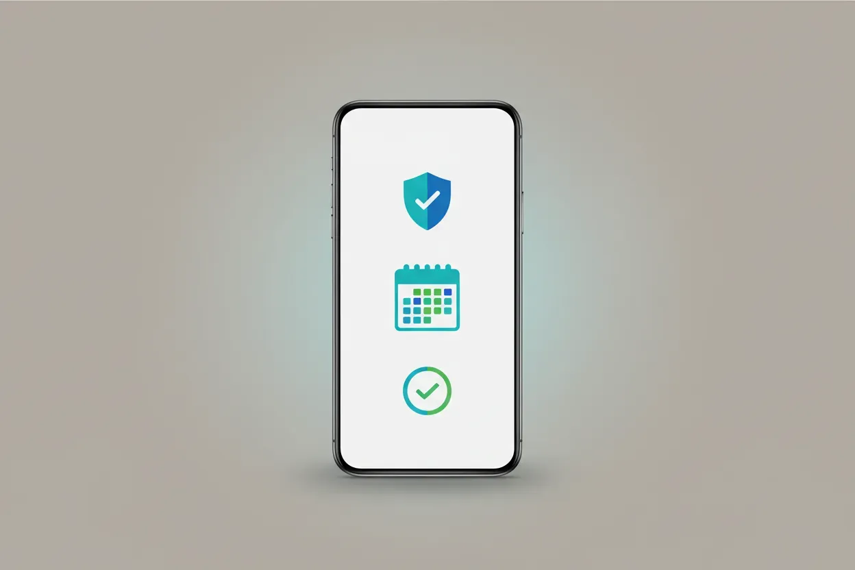 Smartphone showing a simple benefits enrollment interface with a shield, calendar, and confirmation symbol.