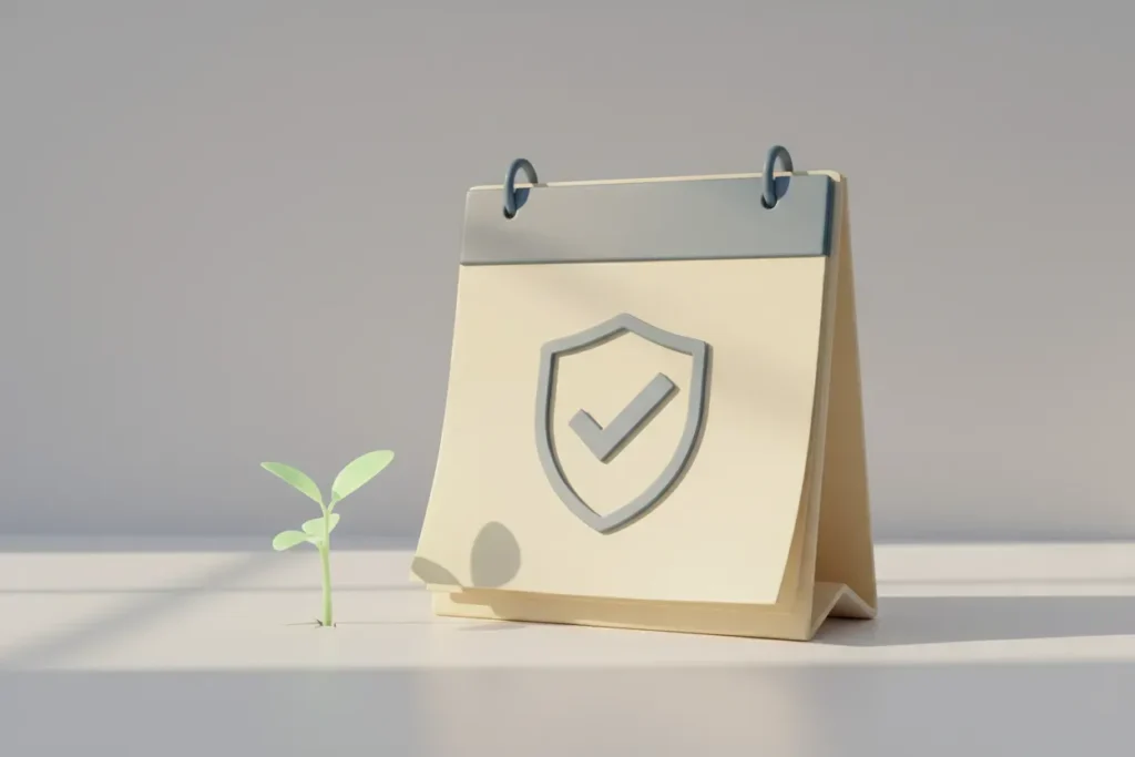 Minimal calendar with a shield and checkmark beside a sprout, symbolizing protected time and sustainable preventive care.