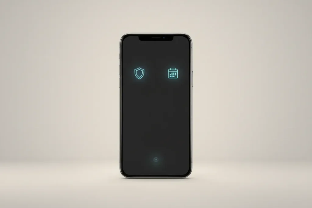 Smartphone displaying secure employee benefits symbols beside a calendar and notification glow