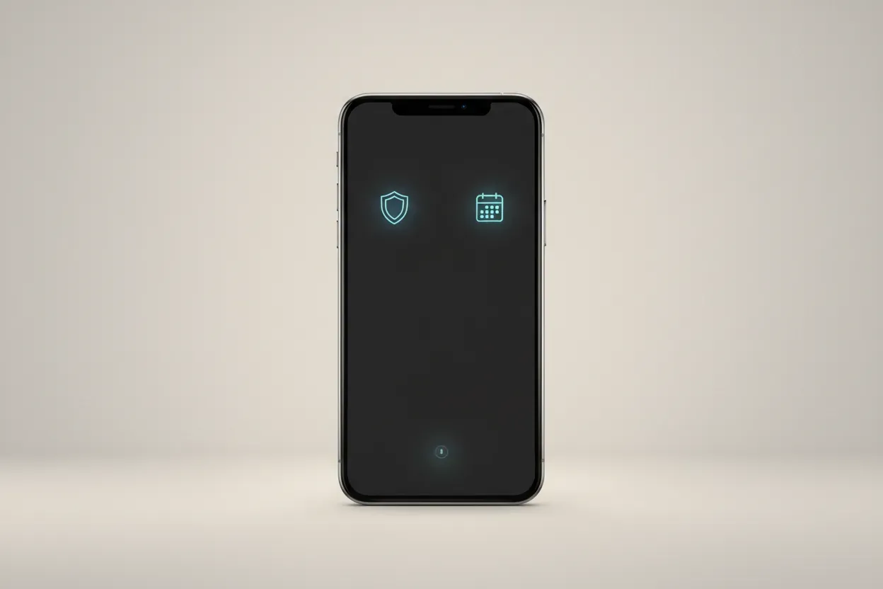 Smartphone displaying secure employee benefits symbols beside a calendar and notification glow