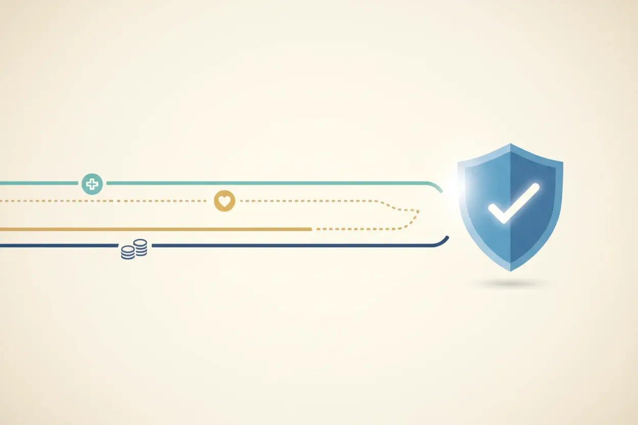 Color-coded pathways converge on a shield with benefit icons, symbolizing clear open enrollment communication and confident choices.