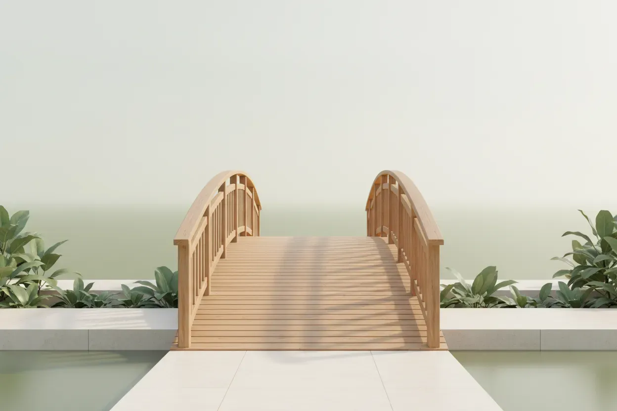 A sturdy footbridge connecting two calm platforms, symbolizing a smooth and sustainable return from leave.