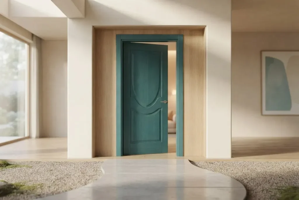 A softly lit teal doorway with a subtle shield design, symbolizing safe and accessible mental health support.